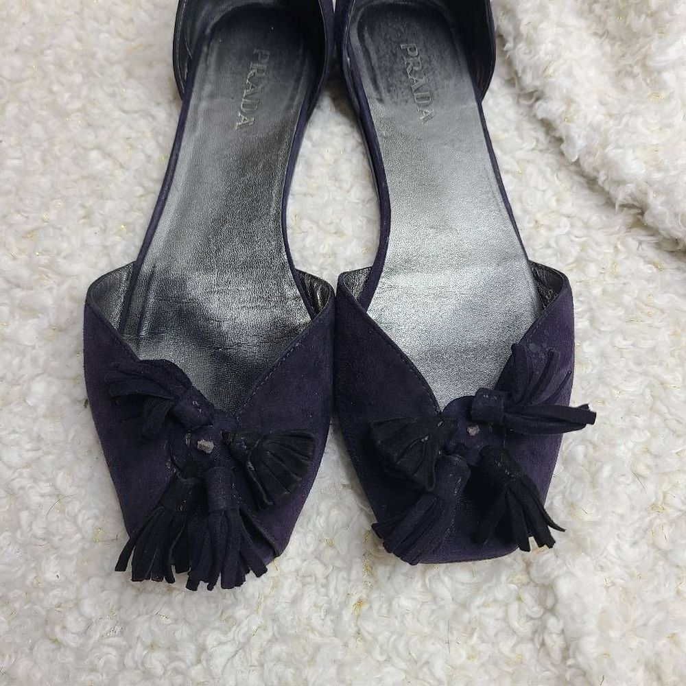 Prada Navy Blue Suede Leather Tassel‎ Peep-toe D'orsay Flats sz 40 - Picture 4 of 10